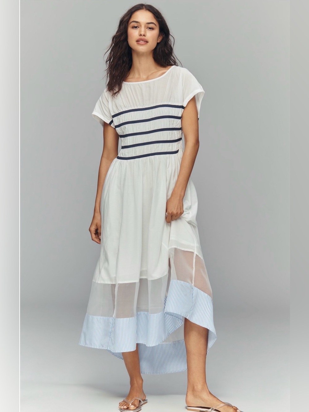 NWT Anthropologie Maeve Smocked Sheer Hem Midi Dress